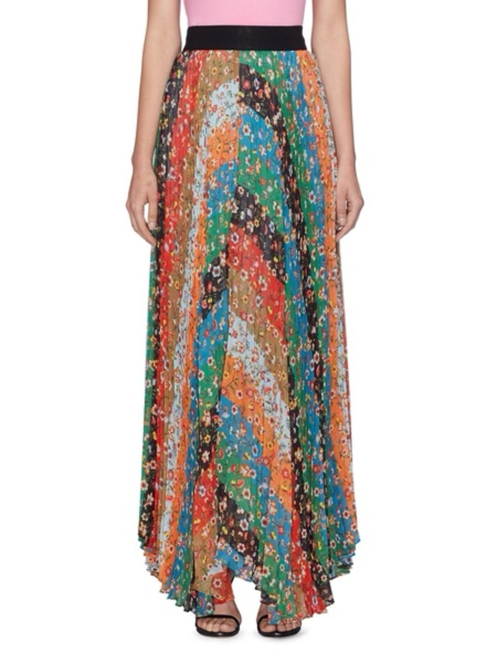 Alice + Olivia Katz Patchwork Floral Chevron Pleated Maxi Skirt